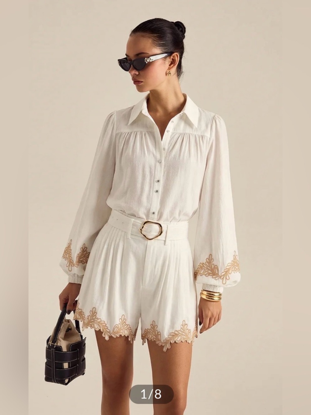 Commense Cotton Embroidered Shirt & Belted Shorts Set